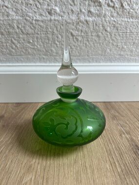 Green Etched Glass Perfume Bottle with Clear Stiletto Stopper